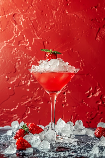 Refreshing Red Drink With Ice and Strawberries on Table