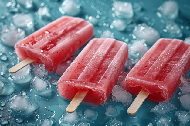 Photo refreshing red popsicles placed on ice cubes for a cool summer treat