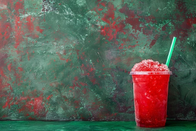 Refreshing red slushie in a clear plastic cup with a straw against a green textured background