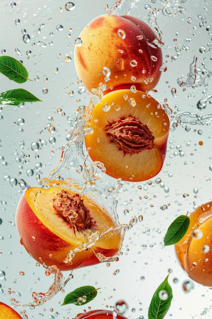 Photo refreshing scene of peaches and splashing water with green foliage on a bright day