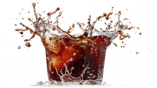 Photo a refreshing splash of cola with ice cubes against a white background energetic essence of the beverage