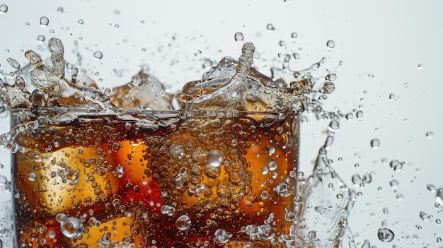 Photo refreshing splash of icecold soda with ice cubes and bubbles in motion against a white background