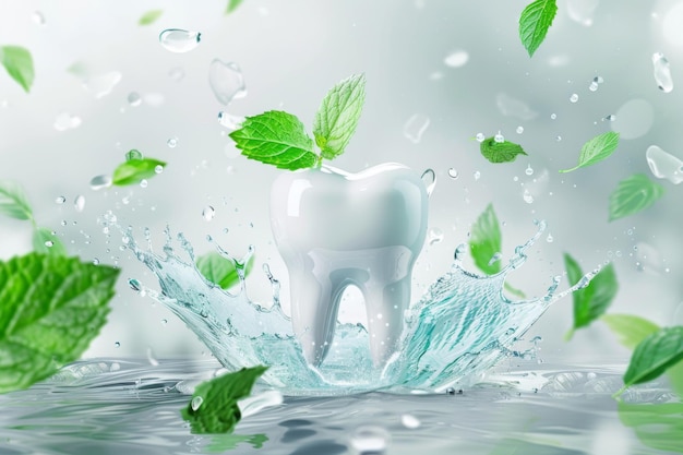 Refreshing splash of mint leaves surrounding a gleaming tooth in tranquil water setting