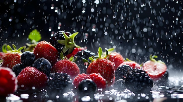 A refreshing splash of water droplets falling onto a pile of ripe succulent berries enhancing their natural sweetness and juiciness