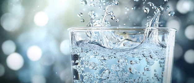 A refreshing splash of water in a glass capturing the beauty of liquid movement and vibrant bubbles in a soft background