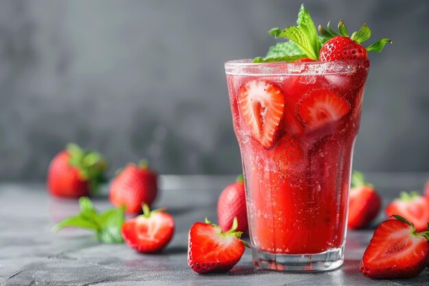 Photo refreshing strawberry cocktail on a gray background