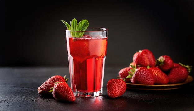 Photo refreshing strawberry drink with mint served in a glass alongside fresh strawberries on a plate