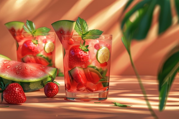 Refreshing Strawberry Drink with Watermelon and Mint in a Vibrant Summer Cocktail