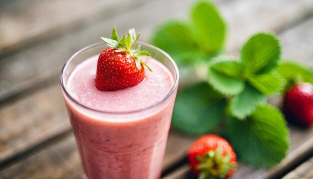 Photo refreshing strawberry lassi in a clear glass garnished with mint leaves against a rustic backdrop