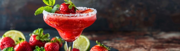 Refreshing strawberry margarita cocktail garnished with fresh berries and mint