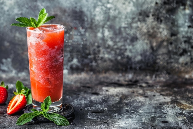 Refreshing strawberry mint smoothie on rustic background