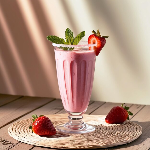 Photo a refreshing strawberry smoothie in a glass with a straw placed on a rustic wooden table