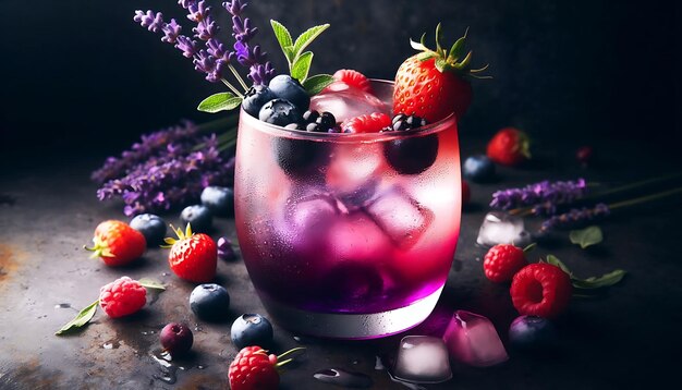 Photo refreshing summer berry lavender drink with ice and condensation