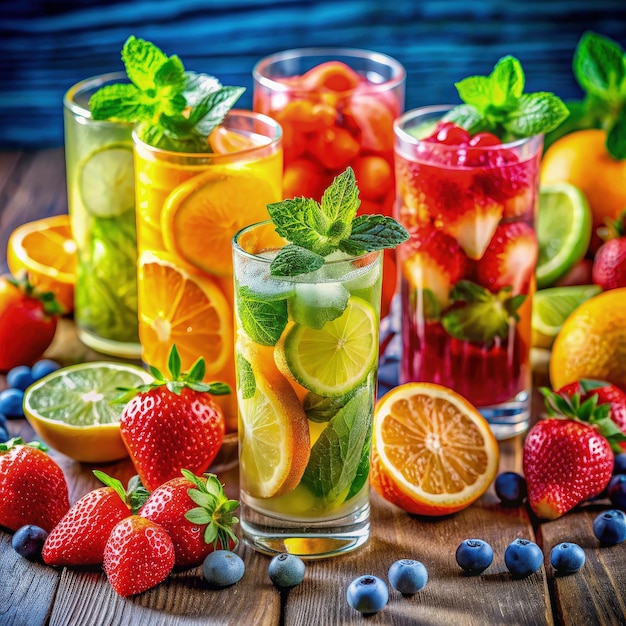 Photo refreshing summer beverages with fresh fruits on a rustic wooden table generative ai