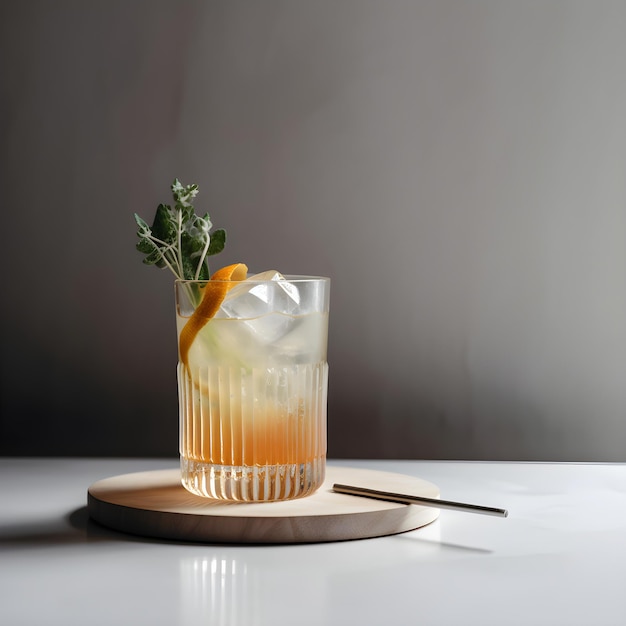 Refreshing summer cocktail with fruit puree and whiskey on gray minimalistic Generative AI