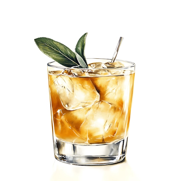 Refreshing Summer Cocktail with Sage Garnish in a Glass with Ice