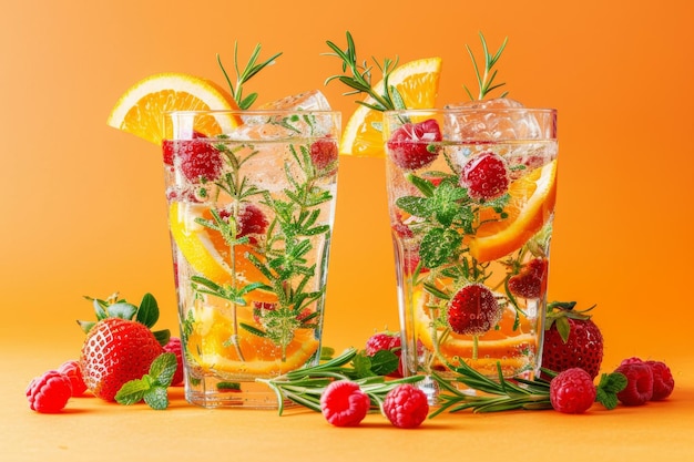 Refreshing summer cocktails with fruits and herbs on orange background