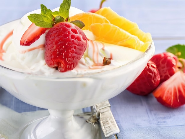 A refreshing summer dessert homemade ice cream sundae with fresh fruit