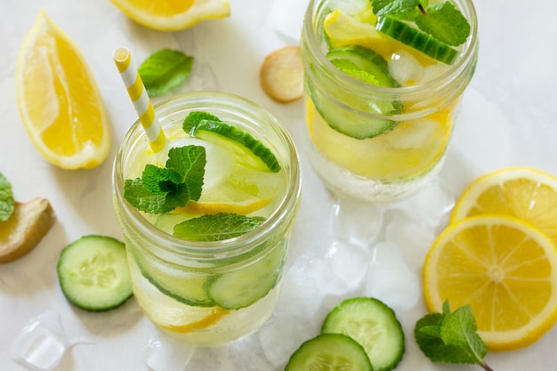 Refreshing summer drink with cucumber and lemon