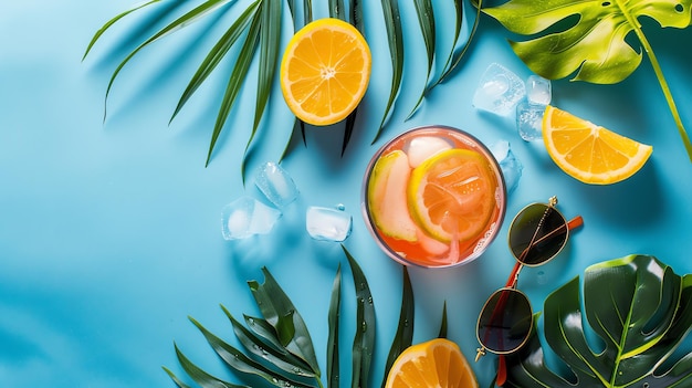 A refreshing summer drink with ice and fruit surrounded by green palm leaves and sunglasses on a blue background