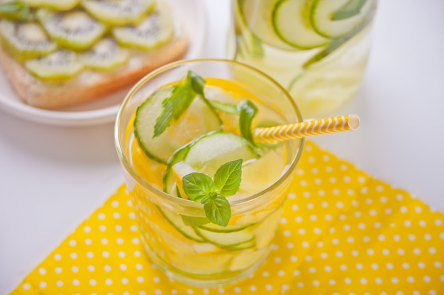 Refreshing summer drink with lemon, ginger, fresh cucumber and mint.