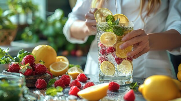 Photo refreshing summer drink with lemon and raspberries