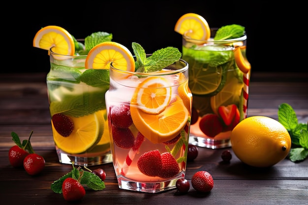 Refreshing summer drink with mint and fruit garnish created with generative ai