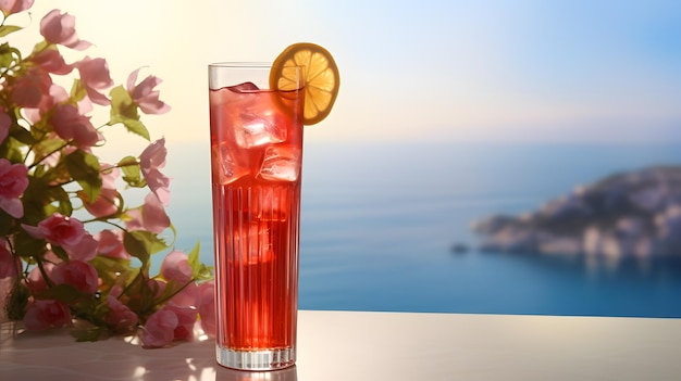 Refreshing summer drink with strawberries lime and mint on the beach