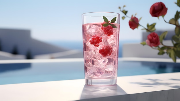 Refreshing summer drink with strawberries lime and mint on the beach