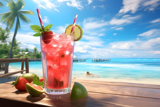 Refreshing summer drink with strawberries lime and mint on the beach