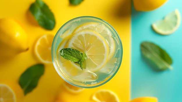 Photo refreshing summer lemonade with lemon slices and mint leaf in glass photo