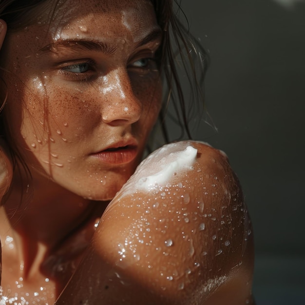 Refreshing Summer Portrait of a Young Woman with Water Droplets on Skin