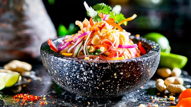 Photo a refreshing thai salad with a burst of colors from papaya lime peanuts and chili served in a traditional mortar emphasizing the blend of textures and flavors