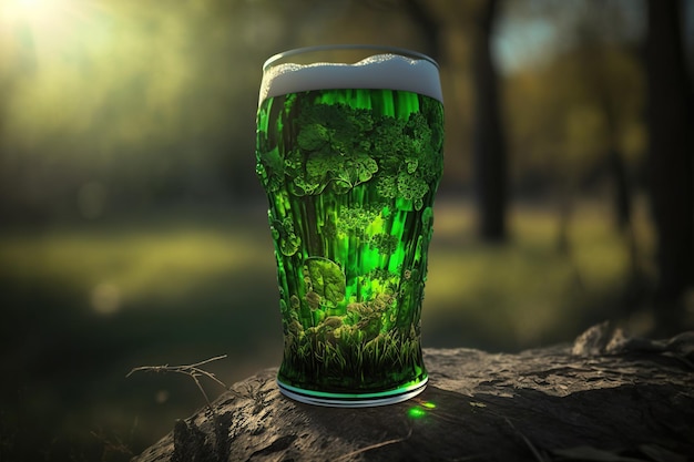 Refreshing three glass of green beer outdoor in the wood sunlight