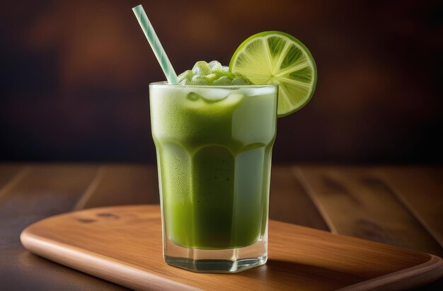 refreshing traditional Japanese green matcha tea in glass with straw on wooden table dark backdrop