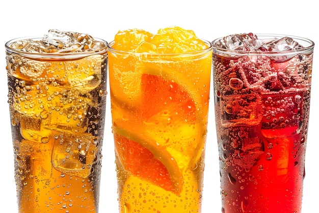 Photo refreshing trio of sparkling beverages in colorful glasses