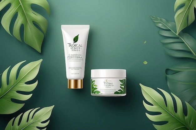 Refreshing tropical leaves luxury skin care banner ads with flying leaves and chiffon element in 3d