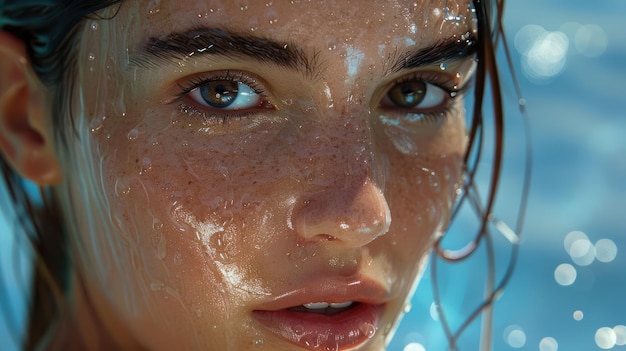 Photo refreshing water drops on womans face a closeup shot of wet skin and sparkling eyes capturing