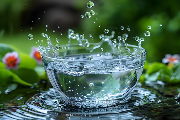 Photo refreshing water splash in clear glass bowl nature concept for posters prints card design