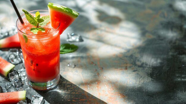 Refreshing watermelon juice with mint leaves served in a chilled glass with a watermelon slice garnish