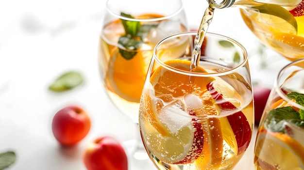 Refreshing White Sangria Being Poured into Elegant Glasses for Summer Gathering