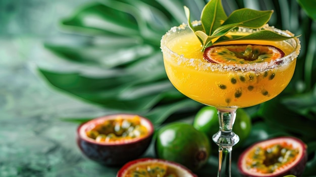 Photo refreshing yellow passion fruit cocktail with salt rim and green garnishes