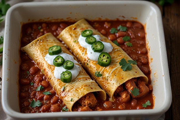 Photo refried bean and cheese enchiladas mexican food