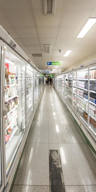 Refrigerated Aisle in Supermarket with Two People Walking