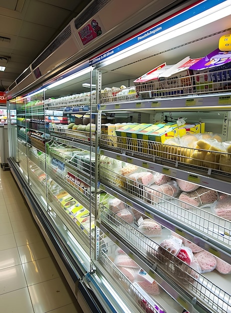 Photo refrigerated display case with food products inside in supermarket