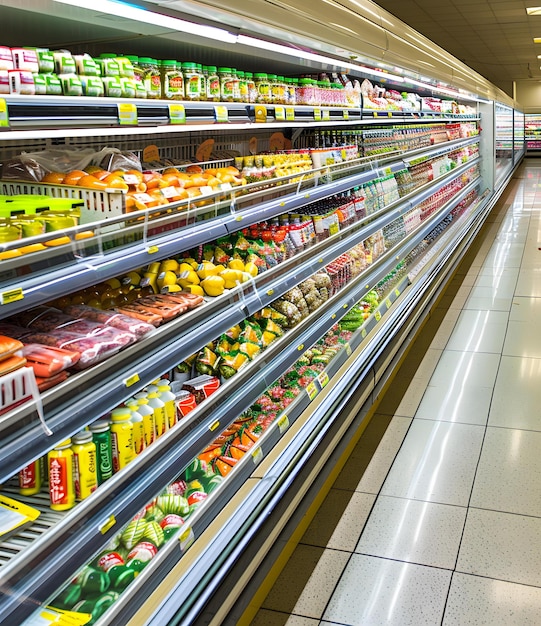 Refrigerated Shelves Full of Food and Drinks in a Grocery Store