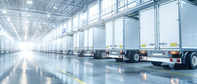 Photo refrigerated trucks lined up for loading at a distribution center seamless transport