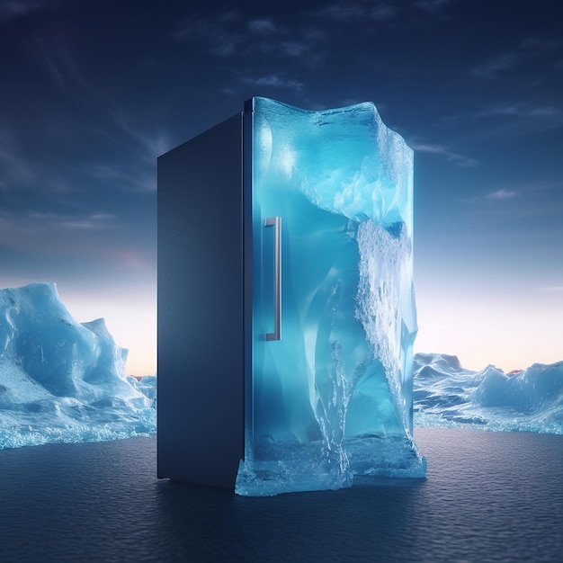 a refrigerator on an iceberg with cold beer