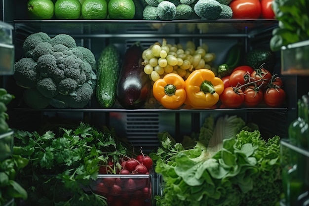 Refrigerator Shelves Stocked With Fresh Vegetarian Produce