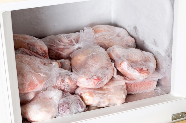 Refrigerator with frozen food pork meat and chicken leg